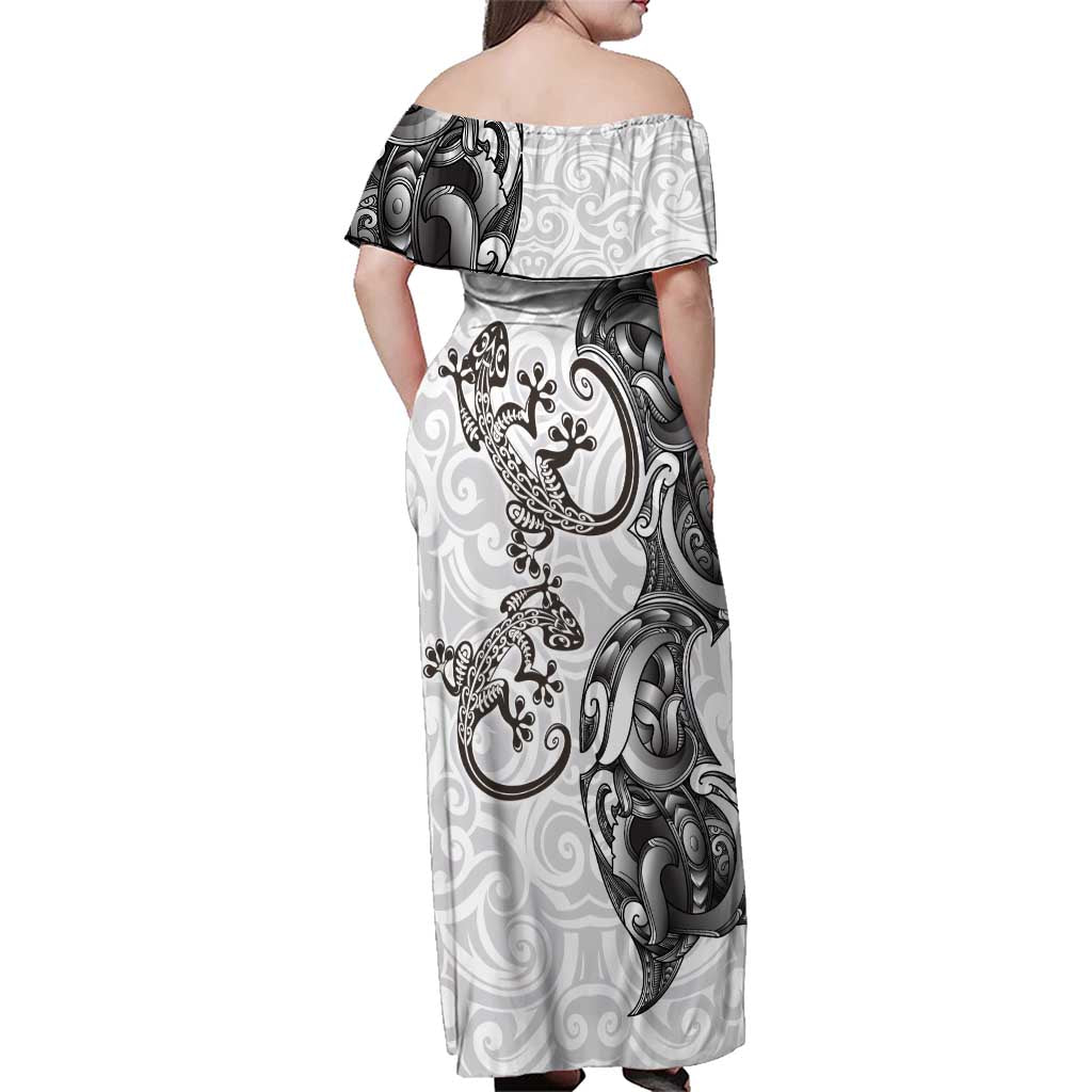 New Zealand Gecko Maori Art Tattoo Family Matching Off Shoulder Maxi Dress and Hawaiian Shirt White Color LT03 - Polynesian Pride