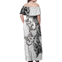 New Zealand Gecko Maori Art Tattoo Family Matching Off Shoulder Maxi Dress and Hawaiian Shirt White Color LT03 - Polynesian Pride