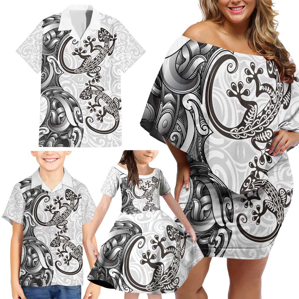 New Zealand Gecko Maori Art Tattoo Family Matching Off Shoulder Short Dress and Hawaiian Shirt White Color LT03 - Polynesian Pride