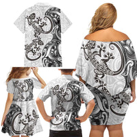 New Zealand Gecko Maori Art Tattoo Family Matching Off Shoulder Short Dress and Hawaiian Shirt White Color LT03 - Polynesian Pride