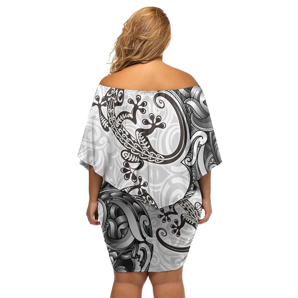 New Zealand Gecko Maori Art Tattoo Family Matching Off Shoulder Short Dress and Hawaiian Shirt White Color LT03 - Polynesian Pride
