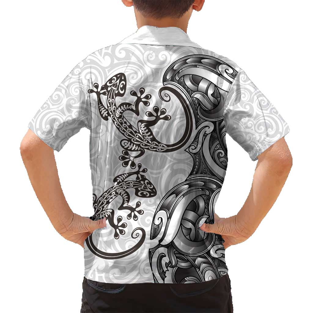 New Zealand Gecko Maori Art Tattoo Family Matching Puletasi and Hawaiian Shirt White Color LT03 - Polynesian Pride