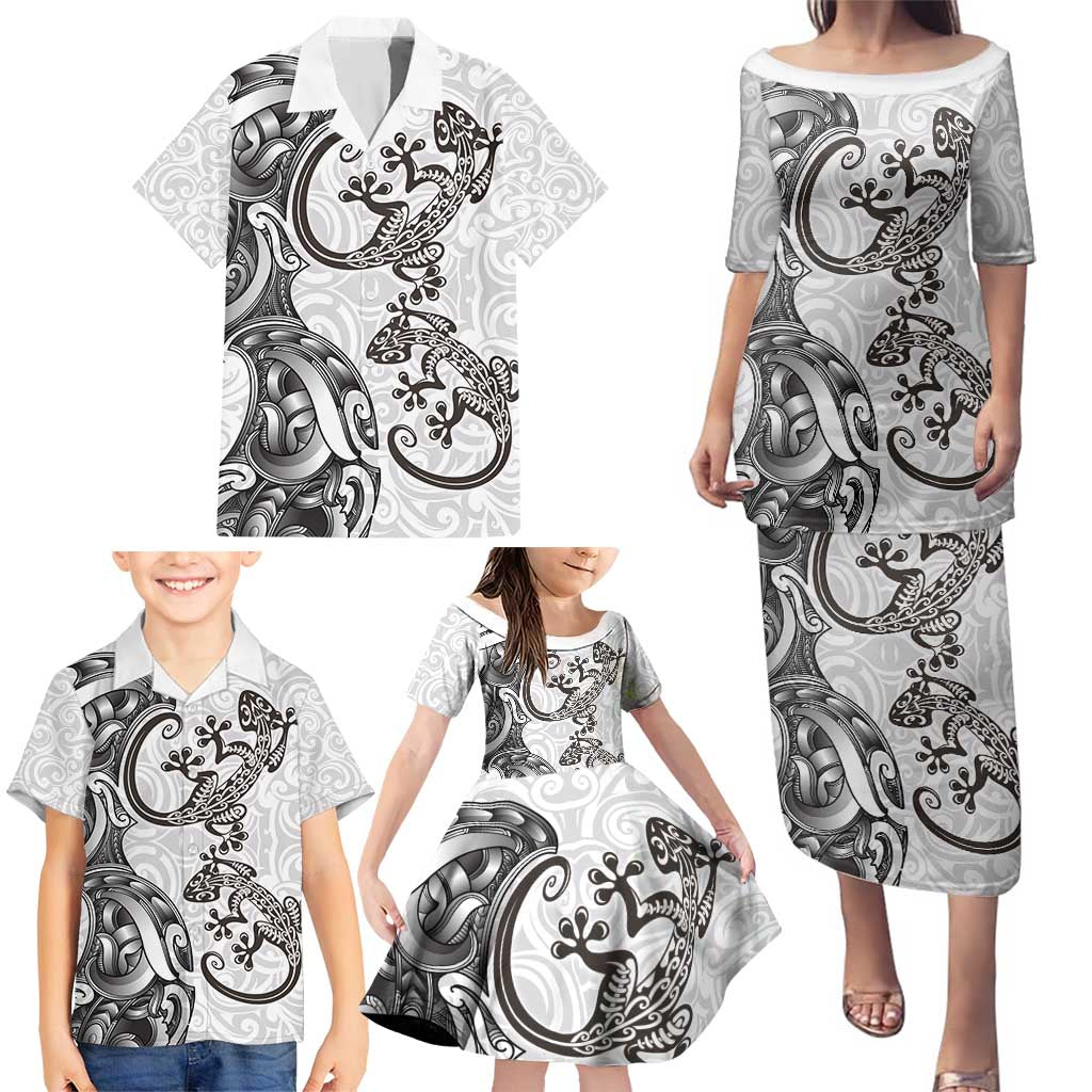New Zealand Gecko Maori Art Tattoo Family Matching Puletasi and Hawaiian Shirt White Color LT03 - Polynesian Pride