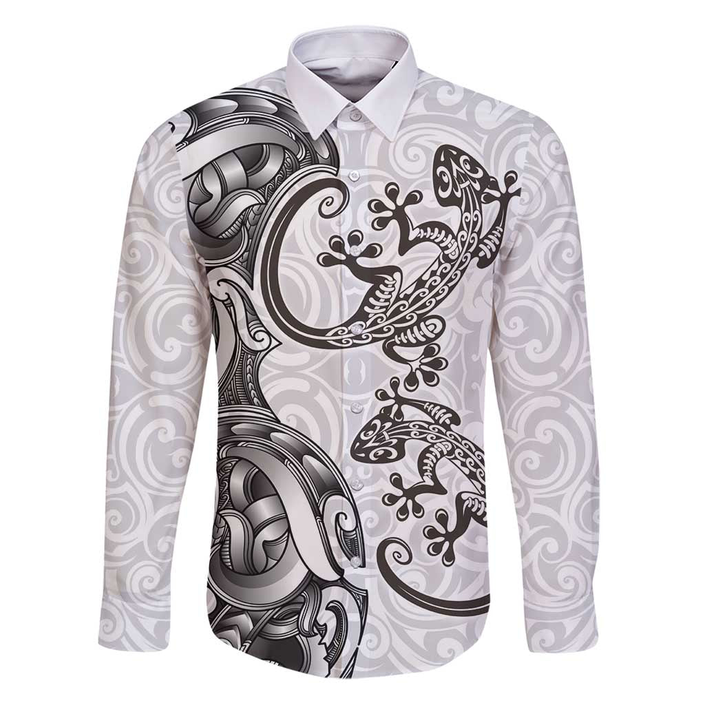 New Zealand Gecko Maori Art Tattoo Family Matching Puletasi and Hawaiian Shirt White Color LT03 Dad's Shirt - Long Sleeve White - Polynesian Pride