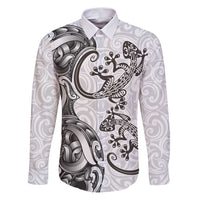 New Zealand Gecko Maori Art Tattoo Family Matching Puletasi and Hawaiian Shirt White Color LT03 Dad's Shirt - Long Sleeve White - Polynesian Pride