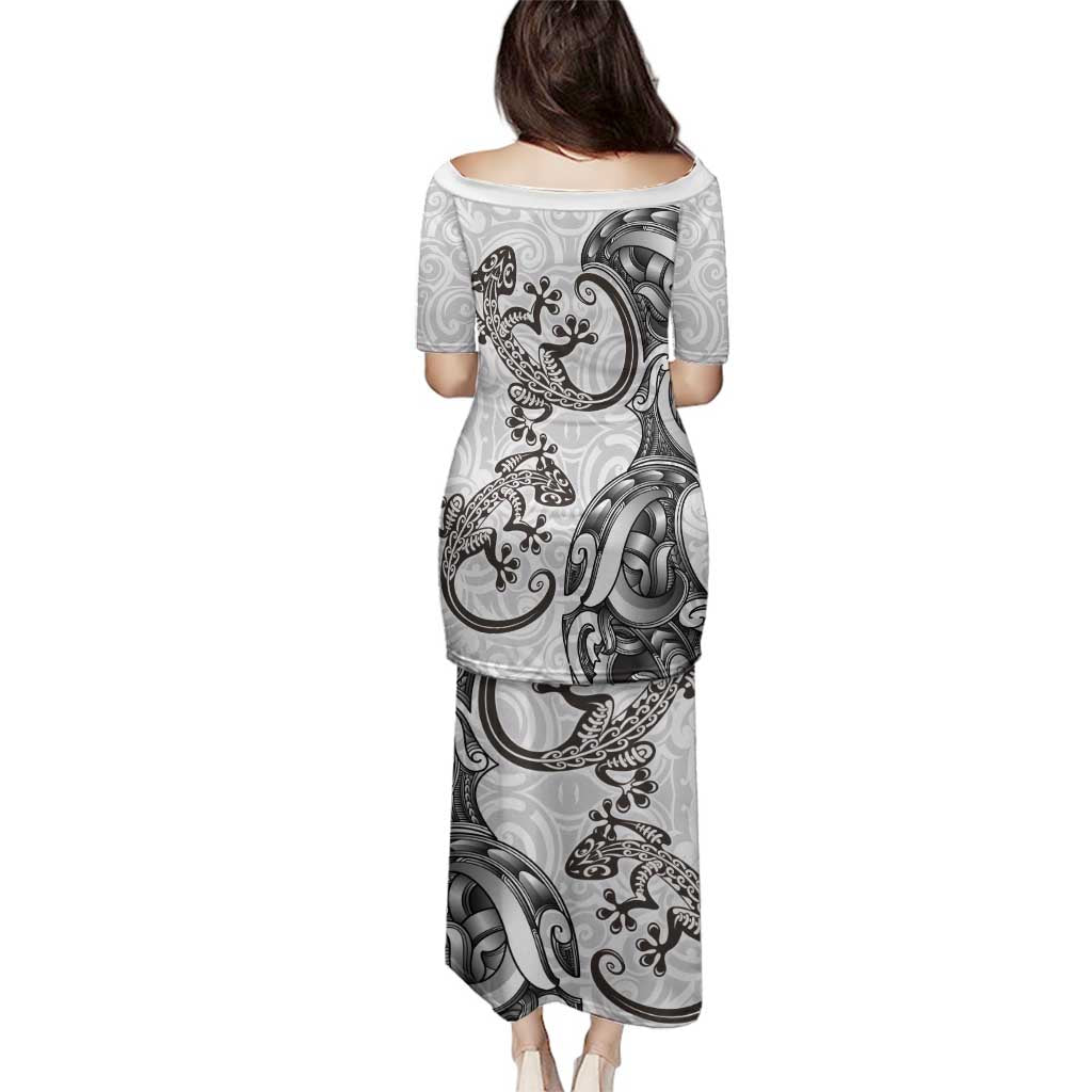 New Zealand Gecko Maori Art Tattoo Family Matching Puletasi and Hawaiian Shirt White Color LT03 - Polynesian Pride