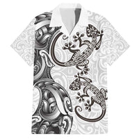 New Zealand Gecko Maori Art Tattoo Family Matching Short Sleeve Bodycon Dress and Hawaiian Shirt White Color LT03 Dad's Shirt - Short Sleeve White - Polynesian Pride