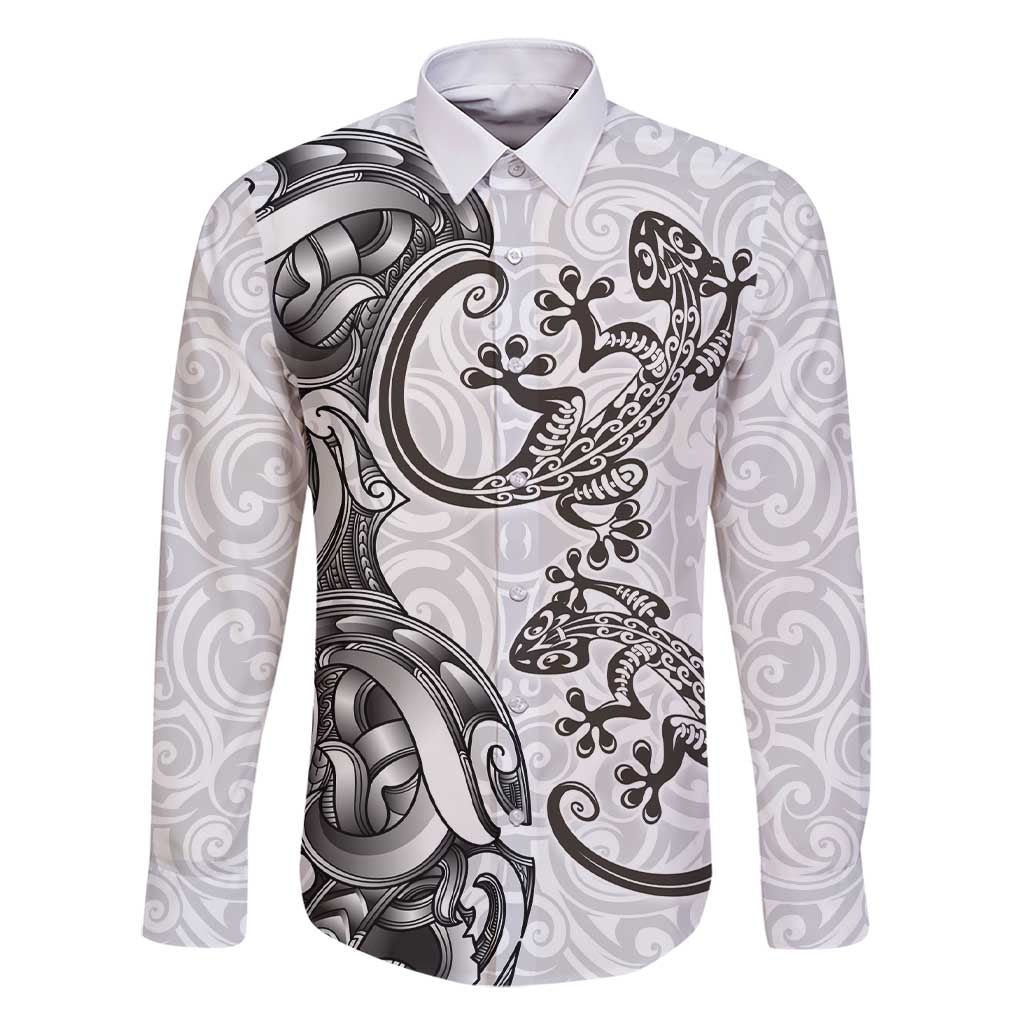 New Zealand Gecko Maori Art Tattoo Family Matching Short Sleeve Bodycon Dress and Hawaiian Shirt White Color LT03 Dad's Shirt - Long Sleeve White - Polynesian Pride
