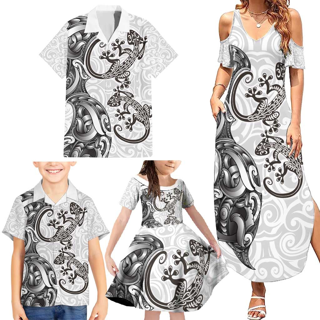 New Zealand Gecko Maori Art Tattoo Family Matching Summer Maxi Dress and Hawaiian Shirt White Color LT03 - Polynesian Pride