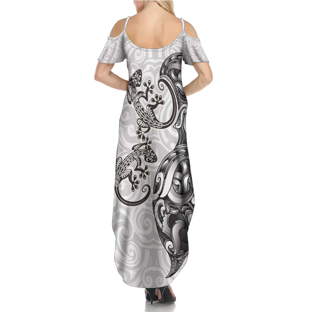 New Zealand Gecko Maori Art Tattoo Family Matching Summer Maxi Dress and Hawaiian Shirt White Color LT03 - Polynesian Pride