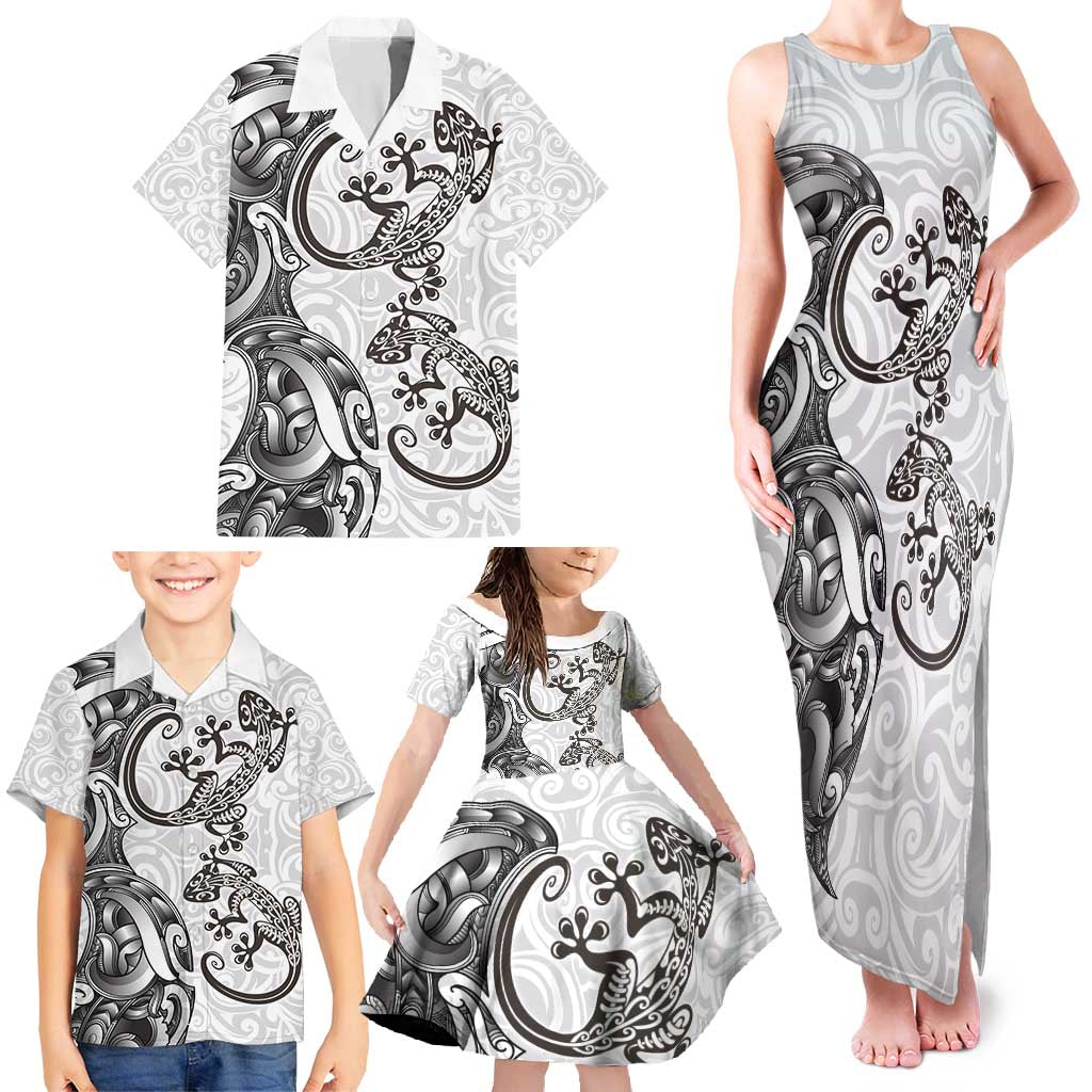 New Zealand Gecko Maori Art Tattoo Family Matching Tank Maxi Dress and Hawaiian Shirt White Color LT03 - Polynesian Pride