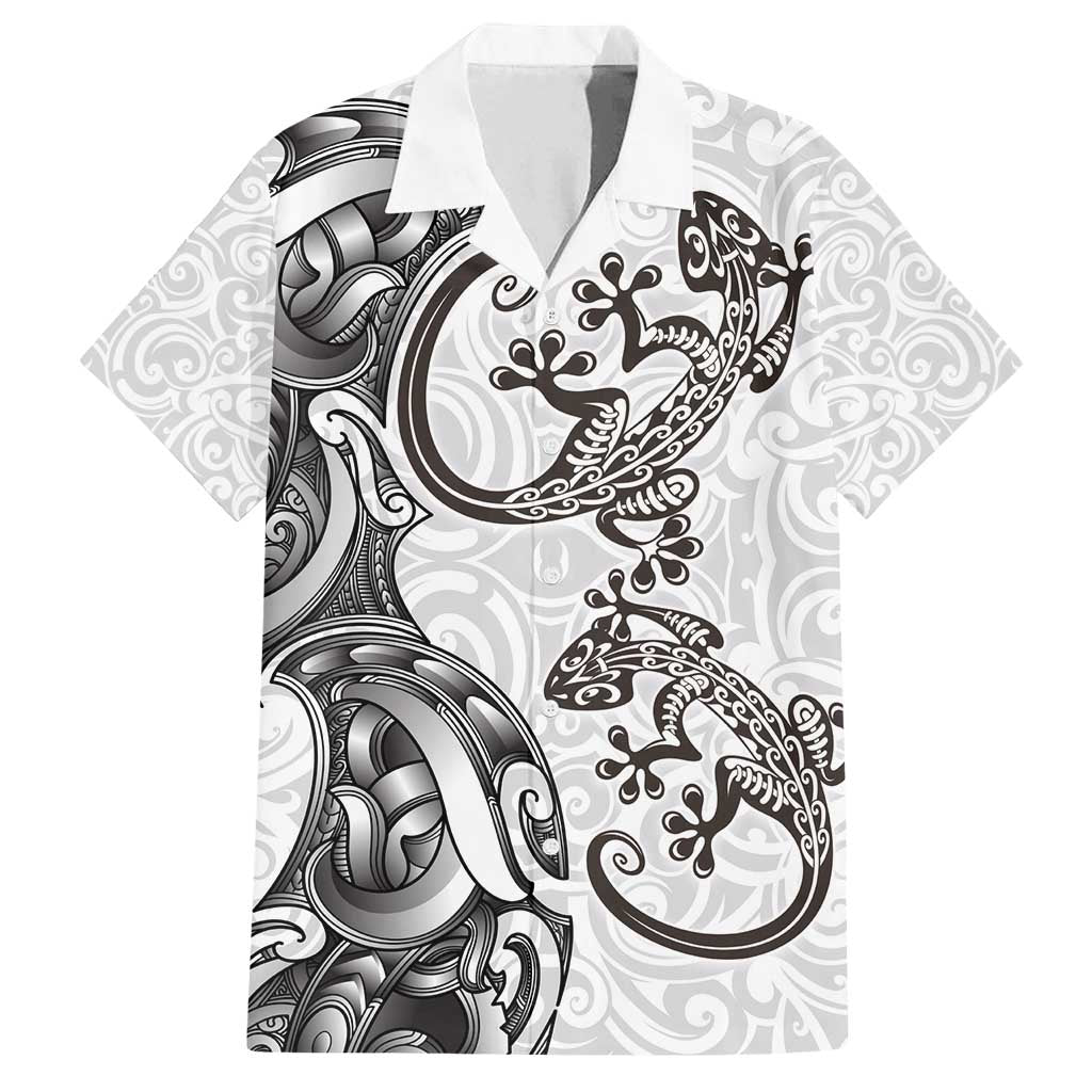 New Zealand Gecko Maori Art Tattoo Family Matching Tank Maxi Dress and Hawaiian Shirt White Color LT03 Dad's Shirt - Short Sleeve White - Polynesian Pride