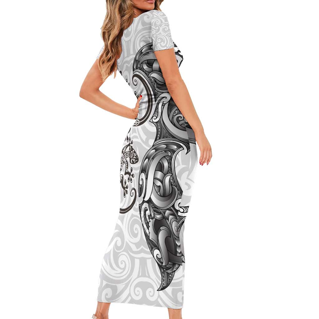 New Zealand Gecko Maori Art Tattoo Short Sleeve Bodycon Dress White Color