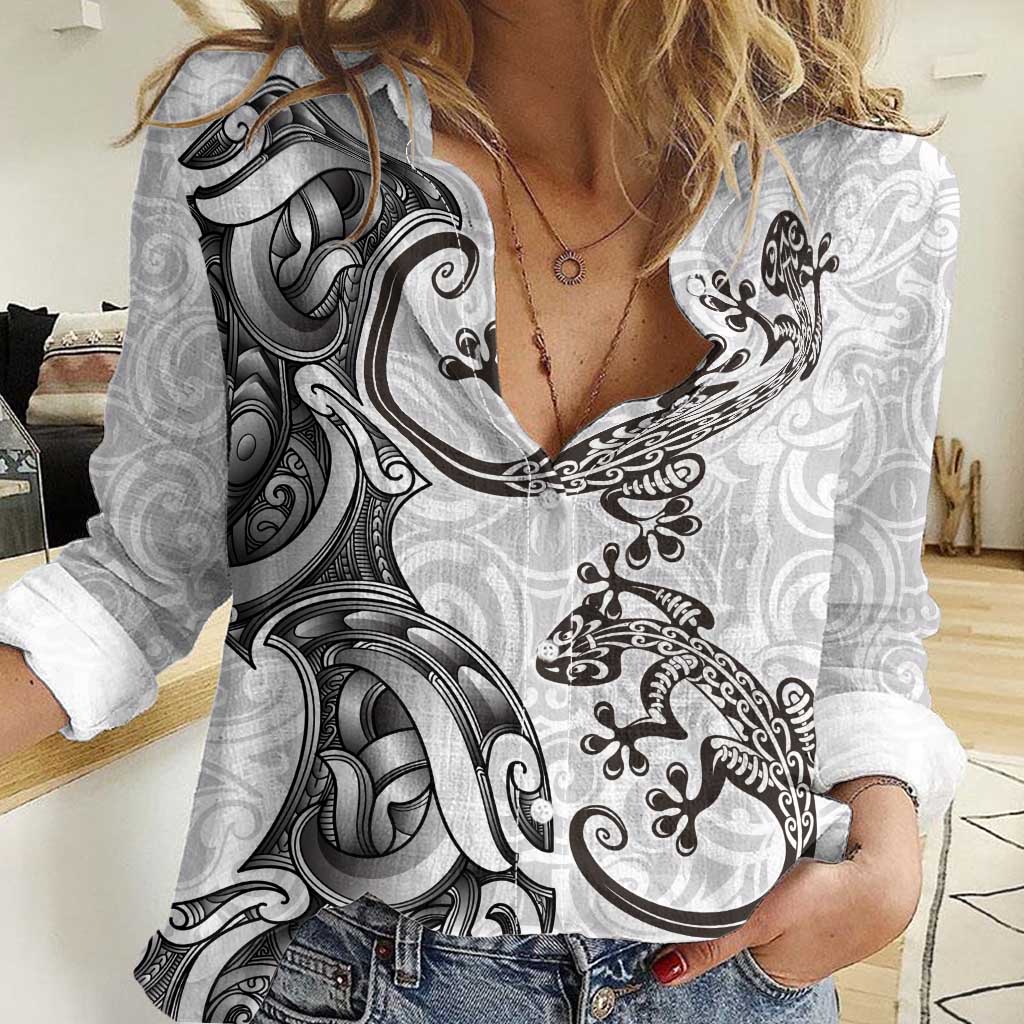 New Zealand Gecko Maori Art Tattoo Women Casual Shirt White Color LT03 Female White - Polynesian Pride