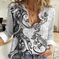 New Zealand Gecko Maori Art Tattoo Women Casual Shirt White Color LT03 Female White - Polynesian Pride