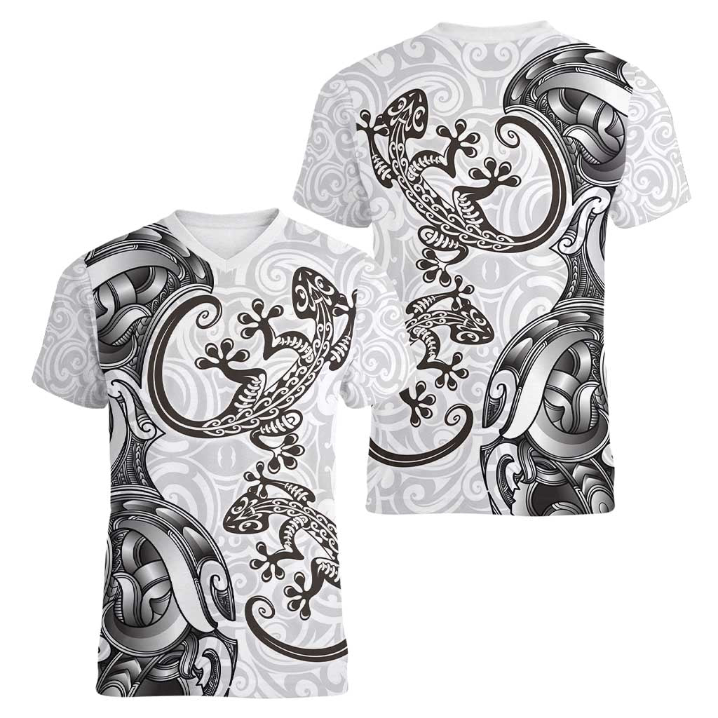 New Zealand Gecko Maori Art Tattoo Women V-Neck T-Shirt White Color