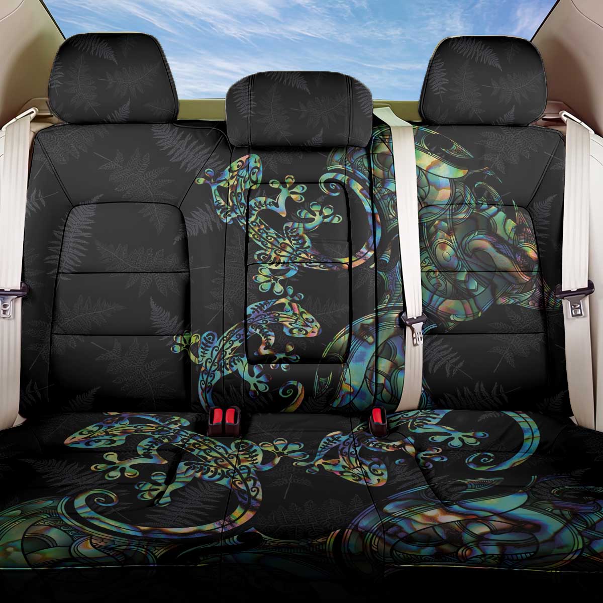 New Zealand Gecko Maori Art Tattoo Back Car Seat Cover Silver Fern and Paua Shell Mode LT03 One Size Black - Polynesian Pride