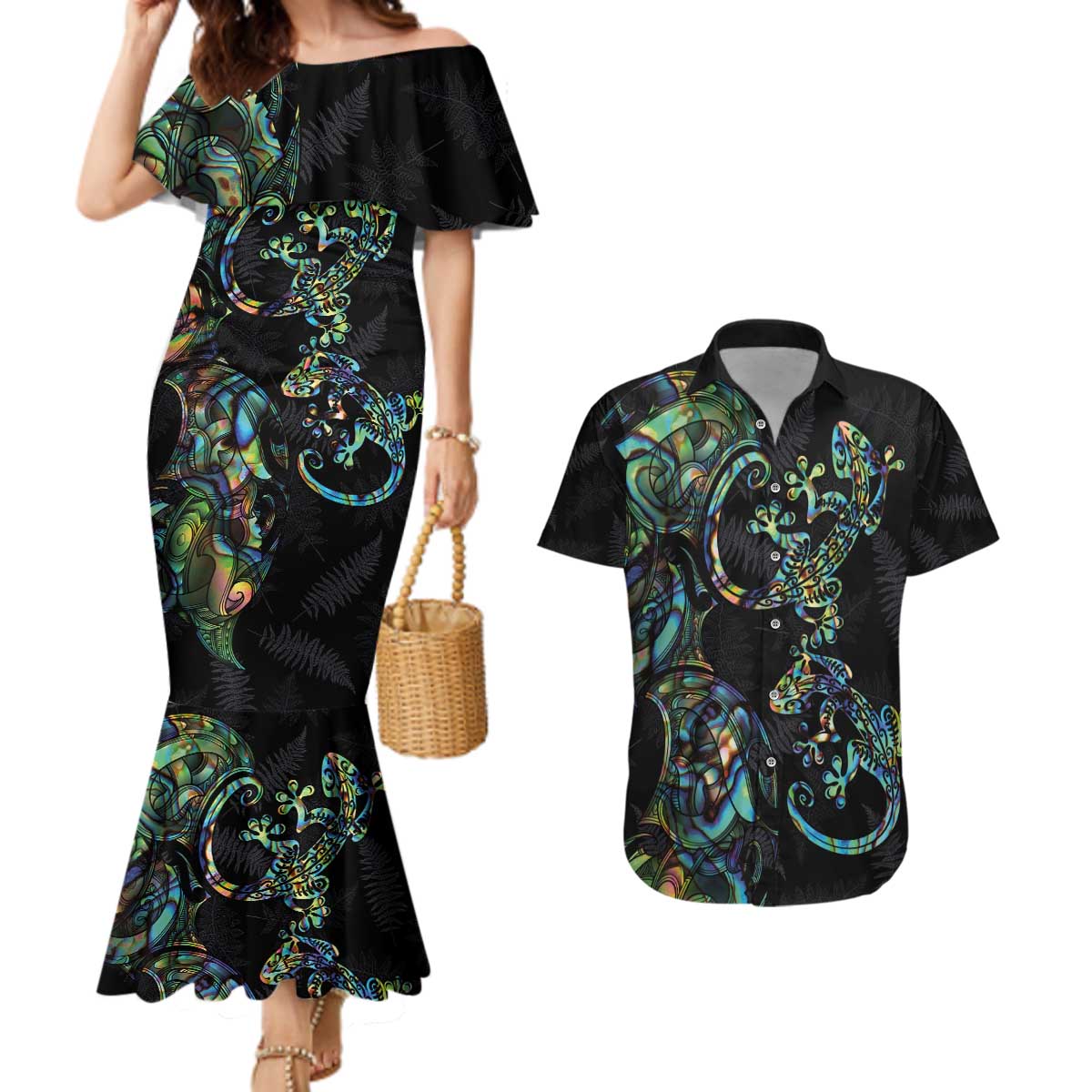New Zealand Gecko Maori Art Tattoo Couples Matching Mermaid Dress and Hawaiian Shirt Silver Fern and Paua Shell Mode LT03 Black - Polynesian Pride