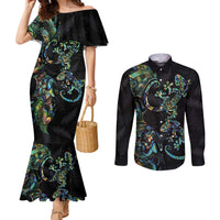 New Zealand Gecko Maori Art Tattoo Couples Matching Mermaid Dress and Long Sleeve Button Shirt Silver Fern and Paua Shell Mode LT03 Black - Polynesian Pride