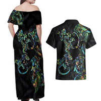 New Zealand Gecko Maori Art Tattoo Couples Matching Off Shoulder Maxi Dress and Hawaiian Shirt Silver Fern and Paua Shell Mode LT03 - Polynesian Pride