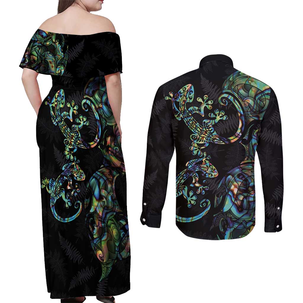 New Zealand Gecko Maori Art Tattoo Couples Matching Off Shoulder Maxi Dress and Long Sleeve Button Shirt Silver Fern and Paua Shell Mode LT03 - Polynesian Pride