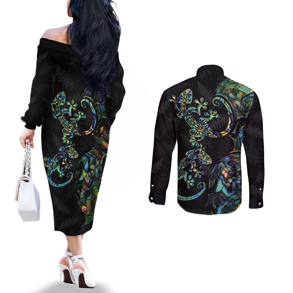 New Zealand Gecko Maori Art Tattoo Couples Matching Off The Shoulder Long Sleeve Dress and Long Sleeve Button Shirt Silver Fern and Paua Shell Mode LT03 - Polynesian Pride