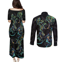 New Zealand Gecko Maori Art Tattoo Couples Matching Puletasi and Long Sleeve Button Shirt Silver Fern and Paua Shell Mode LT03 - Polynesian Pride