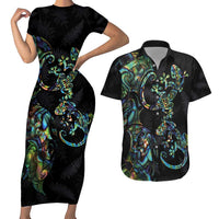 New Zealand Gecko Maori Art Tattoo Couples Matching Short Sleeve Bodycon Dress and Hawaiian Shirt Silver Fern and Paua Shell Mode LT03 Black - Polynesian Pride