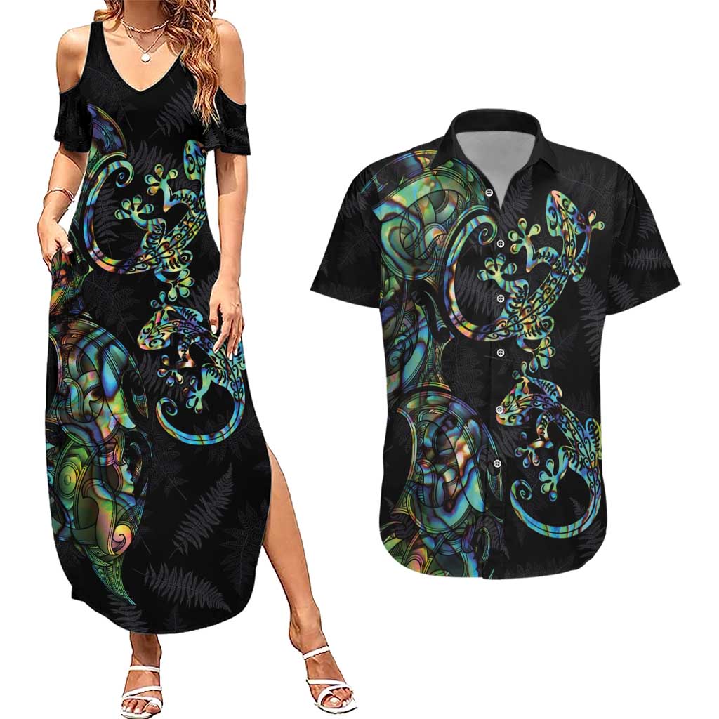 New Zealand Gecko Maori Art Tattoo Couples Matching Summer Maxi Dress and Hawaiian Shirt Silver Fern and Paua Shell Mode