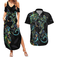 New Zealand Gecko Maori Art Tattoo Couples Matching Summer Maxi Dress and Hawaiian Shirt Silver Fern and Paua Shell Mode LT03 Black - Polynesian Pride