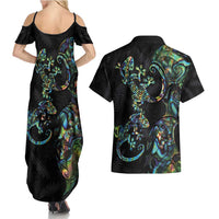 New Zealand Gecko Maori Art Tattoo Couples Matching Summer Maxi Dress and Hawaiian Shirt Silver Fern and Paua Shell Mode LT03 - Polynesian Pride