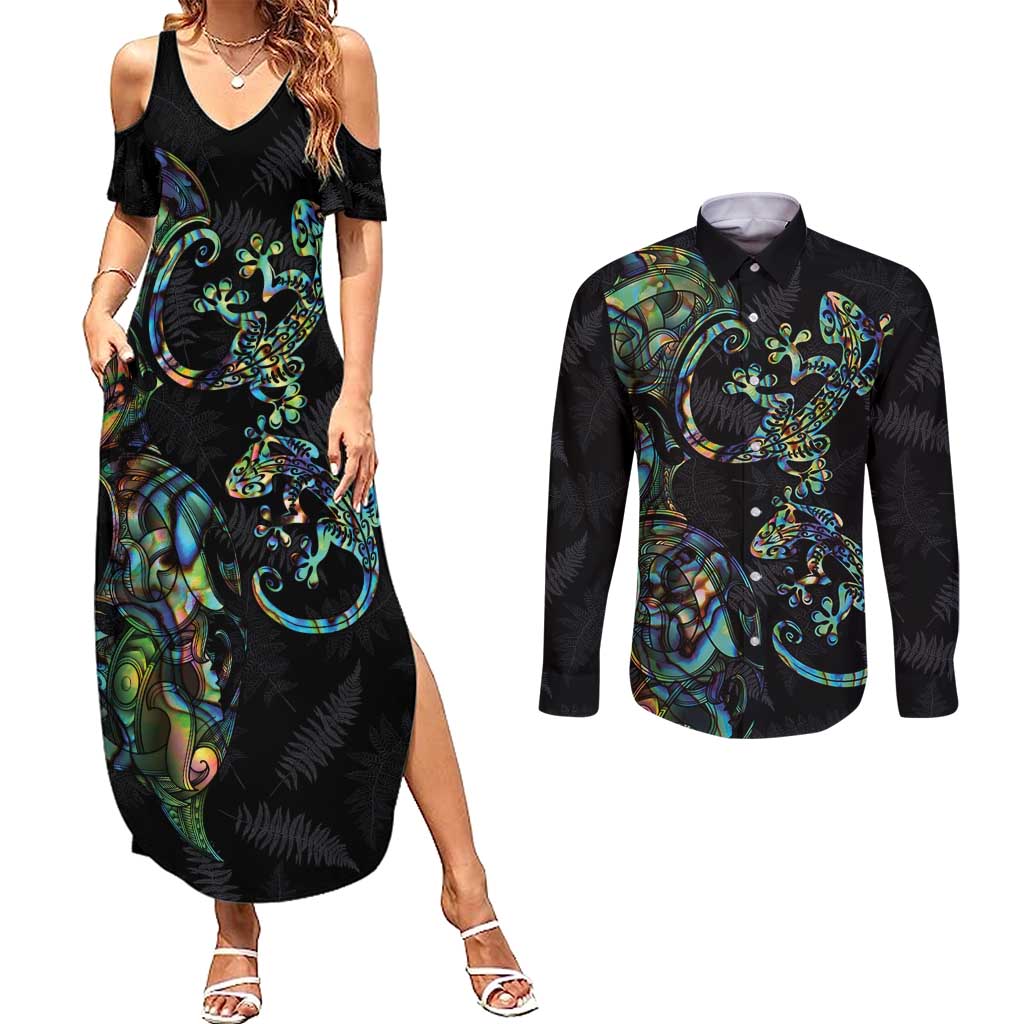 New Zealand Gecko Maori Art Tattoo Couples Matching Summer Maxi Dress and Long Sleeve Button Shirt Silver Fern and Paua Shell Mode LT03 Black - Polynesian Pride