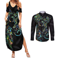 New Zealand Gecko Maori Art Tattoo Couples Matching Summer Maxi Dress and Long Sleeve Button Shirt Silver Fern and Paua Shell Mode LT03 Black - Polynesian Pride