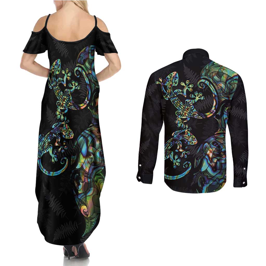 New Zealand Gecko Maori Art Tattoo Couples Matching Summer Maxi Dress and Long Sleeve Button Shirt Silver Fern and Paua Shell Mode LT03 - Polynesian Pride