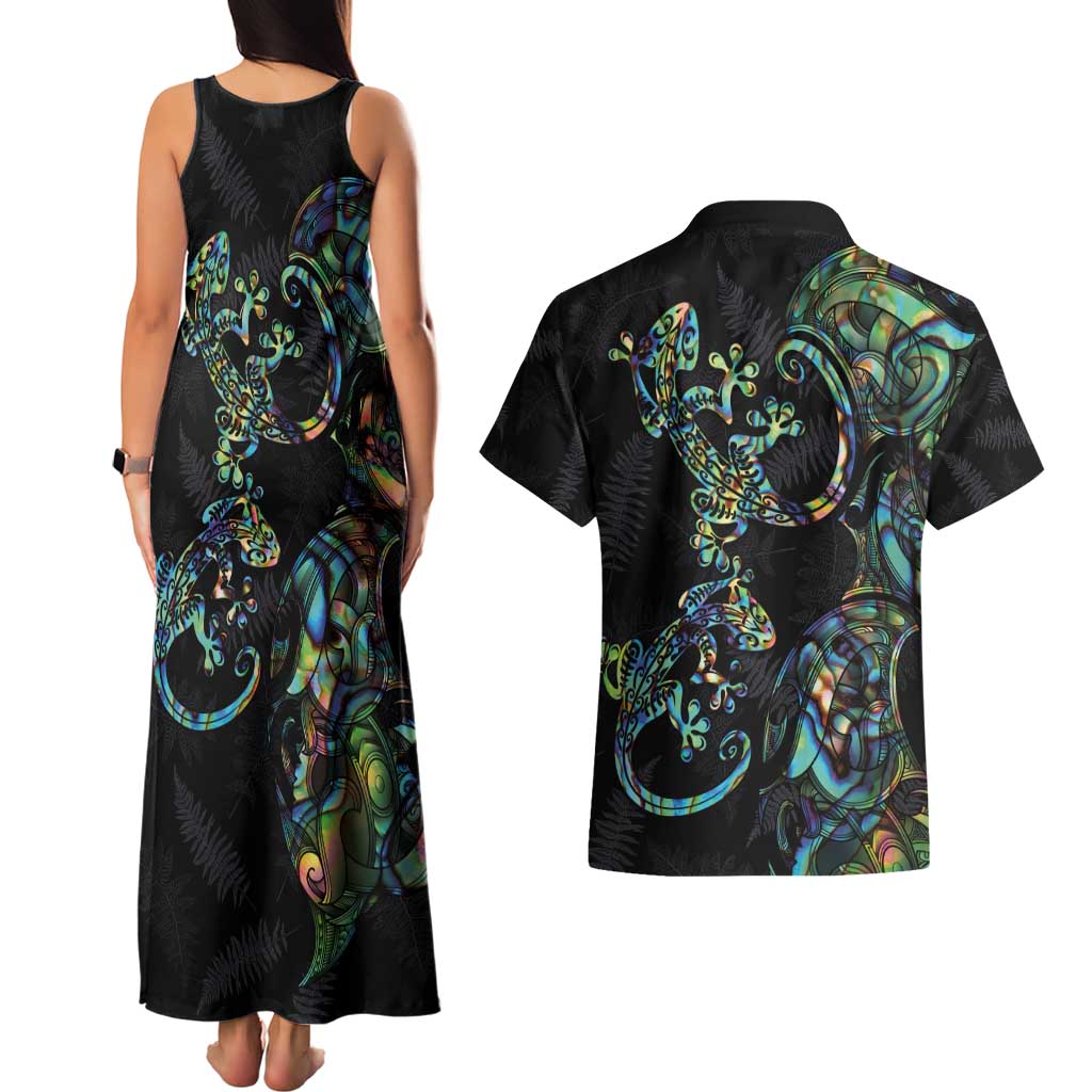 New Zealand Gecko Maori Art Tattoo Couples Matching Tank Maxi Dress and Hawaiian Shirt Silver Fern and Paua Shell Mode LT03 - Polynesian Pride