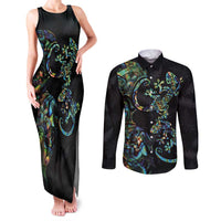 New Zealand Gecko Maori Art Tattoo Couples Matching Tank Maxi Dress and Long Sleeve Button Shirt Silver Fern and Paua Shell Mode LT03 Black - Polynesian Pride