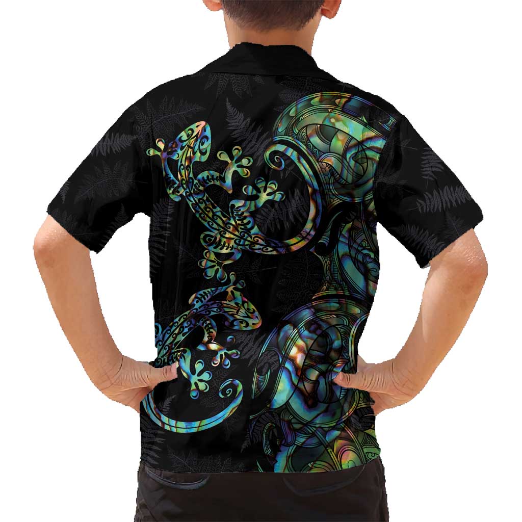 New Zealand Gecko Maori Art Tattoo Family Matching Long Sleeve Bodycon Dress and Hawaiian Shirt Silver Fern and Paua Shell Mode LT03 - Polynesian Pride