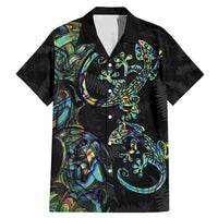 New Zealand Gecko Maori Art Tattoo Family Matching Mermaid Dress and Hawaiian Shirt Silver Fern and Paua Shell Mode LT03 Dad's Shirt - Short Sleeve Black - Polynesian Pride