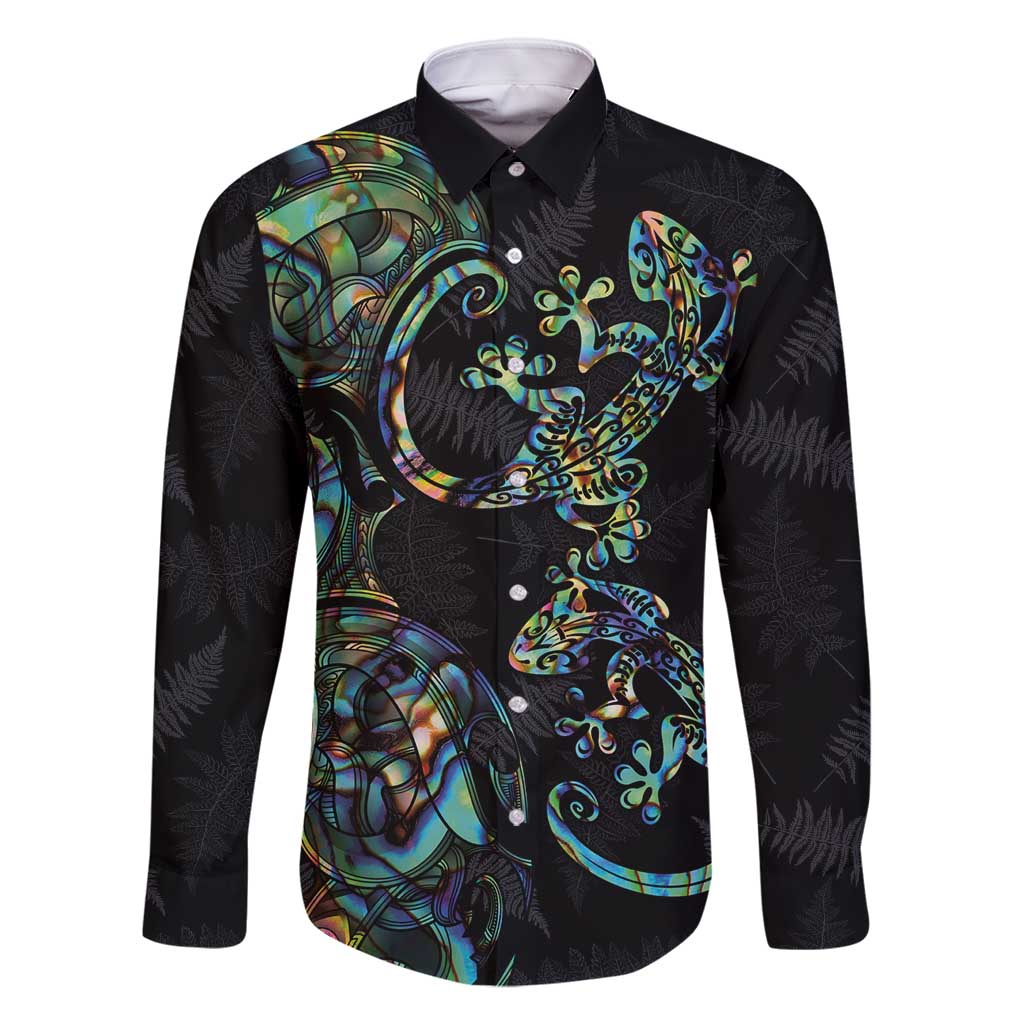 New Zealand Gecko Maori Art Tattoo Family Matching Mermaid Dress and Hawaiian Shirt Silver Fern and Paua Shell Mode LT03 Dad's Shirt - Long Sleeve Black - Polynesian Pride