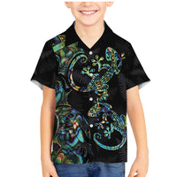 New Zealand Gecko Maori Art Tattoo Family Matching Mermaid Dress and Hawaiian Shirt Silver Fern and Paua Shell Mode LT03 Son's Shirt Black - Polynesian Pride