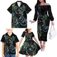 New Zealand Gecko Maori Art Tattoo Family Matching Off The Shoulder Long Sleeve Dress and Hawaiian Shirt Silver Fern and Paua Shell Mode LT03 - Polynesian Pride