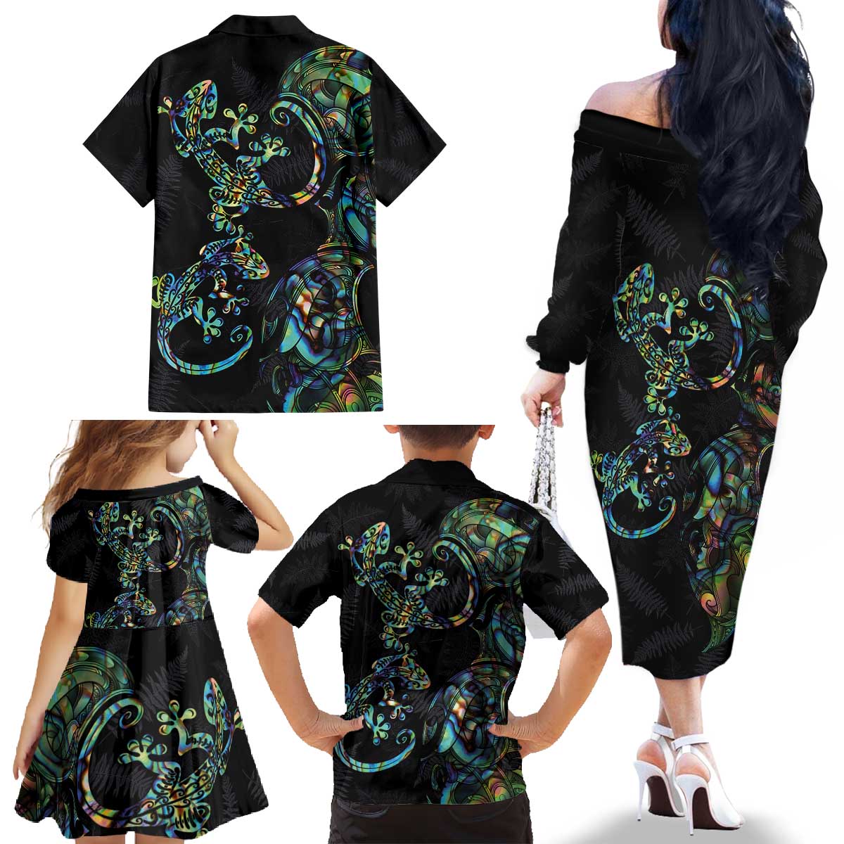 New Zealand Gecko Maori Art Tattoo Family Matching Off The Shoulder Long Sleeve Dress and Hawaiian Shirt Silver Fern and Paua Shell Mode LT03 - Polynesian Pride
