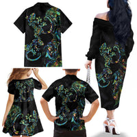 New Zealand Gecko Maori Art Tattoo Family Matching Off The Shoulder Long Sleeve Dress and Hawaiian Shirt Silver Fern and Paua Shell Mode LT03 - Polynesian Pride