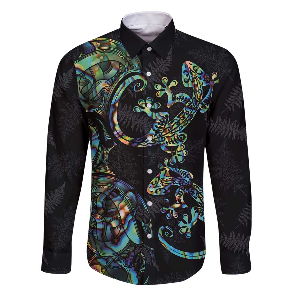 New Zealand Gecko Maori Art Tattoo Family Matching Off The Shoulder Long Sleeve Dress and Hawaiian Shirt Silver Fern and Paua Shell Mode LT03 Dad's Shirt - Long Sleeve Black - Polynesian Pride