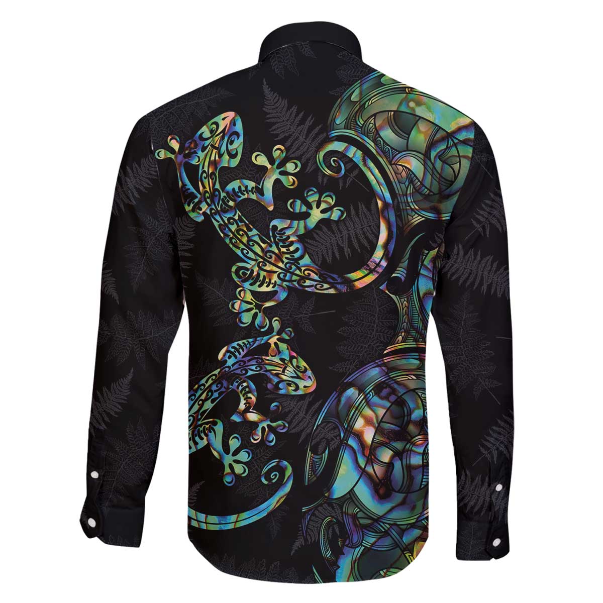 New Zealand Gecko Maori Art Tattoo Family Matching Off The Shoulder Long Sleeve Dress and Hawaiian Shirt Silver Fern and Paua Shell Mode LT03 - Polynesian Pride