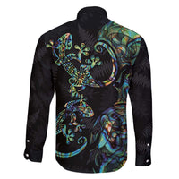 New Zealand Gecko Maori Art Tattoo Family Matching Off The Shoulder Long Sleeve Dress and Hawaiian Shirt Silver Fern and Paua Shell Mode LT03 - Polynesian Pride