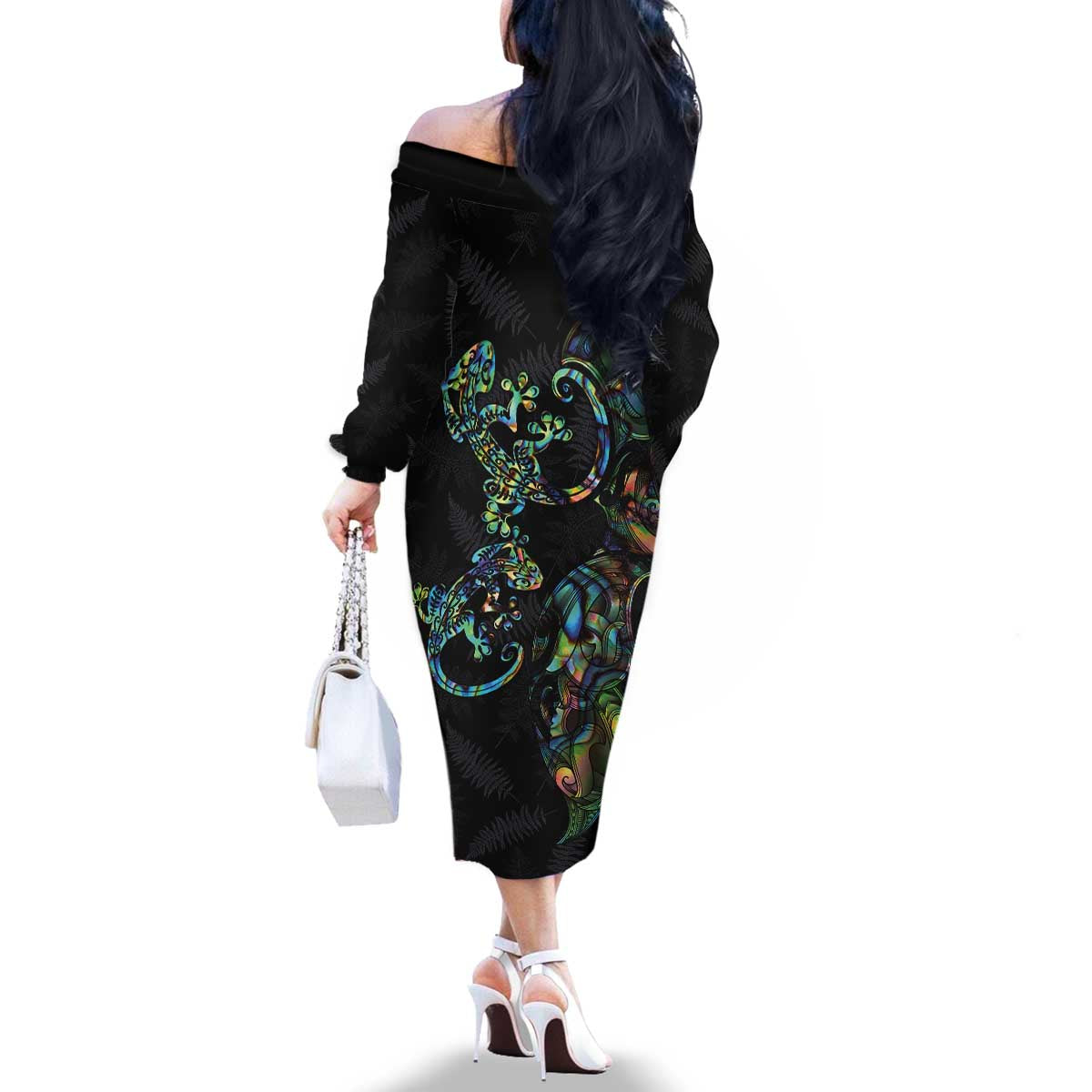 New Zealand Gecko Maori Art Tattoo Family Matching Off The Shoulder Long Sleeve Dress and Hawaiian Shirt Silver Fern and Paua Shell Mode LT03 - Polynesian Pride