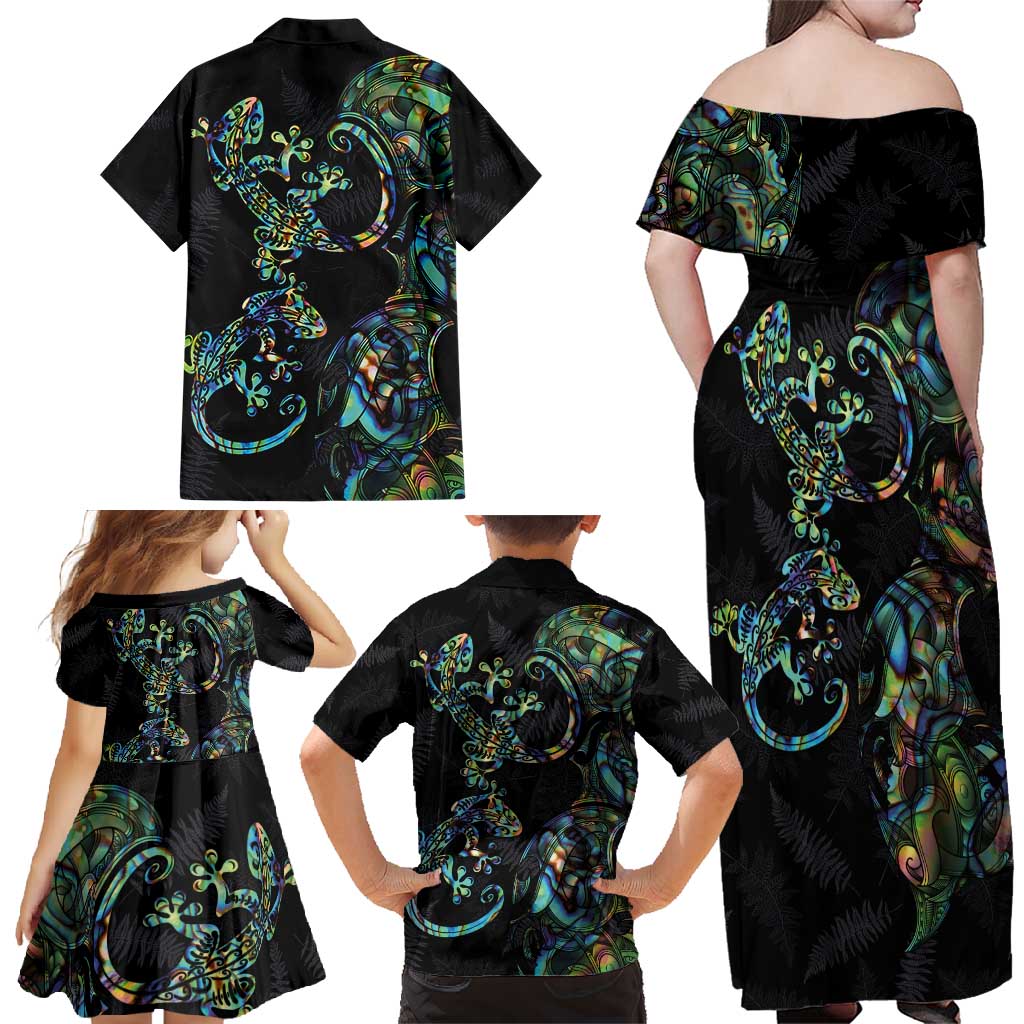 New Zealand Gecko Maori Art Tattoo Family Matching Off Shoulder Maxi Dress and Hawaiian Shirt Silver Fern and Paua Shell Mode LT03 - Polynesian Pride
