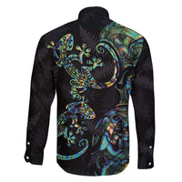 New Zealand Gecko Maori Art Tattoo Family Matching Off Shoulder Maxi Dress and Hawaiian Shirt Silver Fern and Paua Shell Mode LT03 - Polynesian Pride