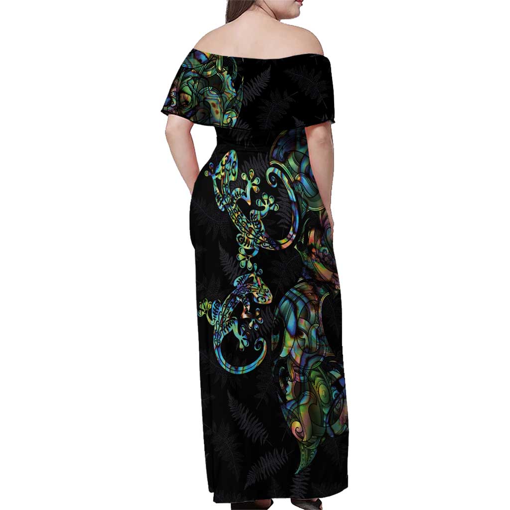 New Zealand Gecko Maori Art Tattoo Family Matching Off Shoulder Maxi Dress and Hawaiian Shirt Silver Fern and Paua Shell Mode LT03 - Polynesian Pride